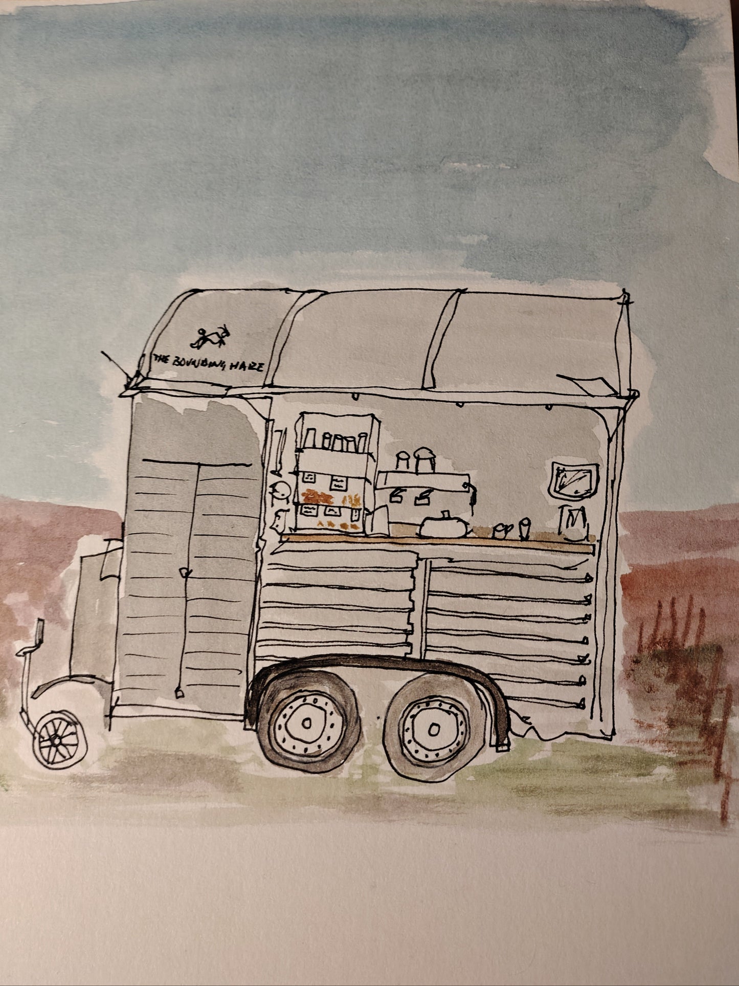 Hand-drawn illustration of a truck on textured paper with watercolor effects.