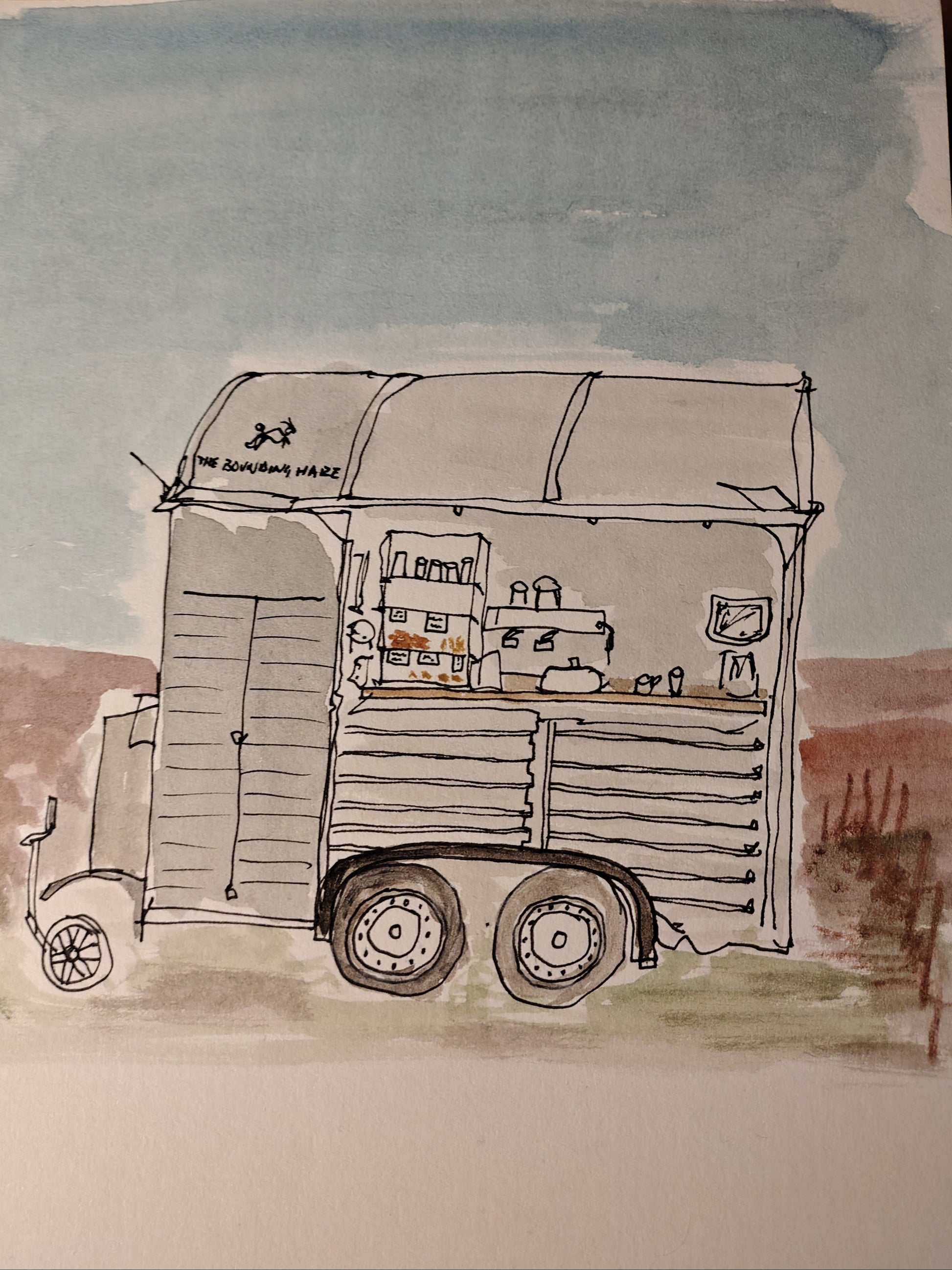 Hand-drawn illustration of a truck on textured paper with watercolor effects.